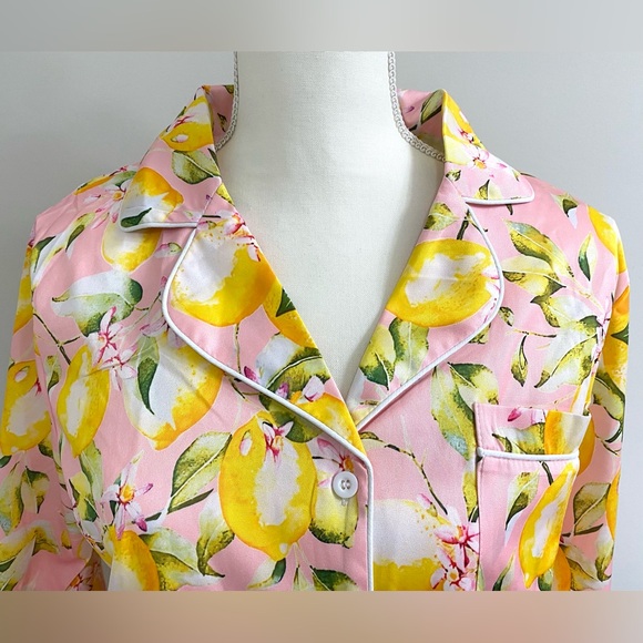 Womens L Pink w/ Yellow Lemon Print Long Sleeve Pajama Shorts Set Preppy Classic - Picture 4 of 16